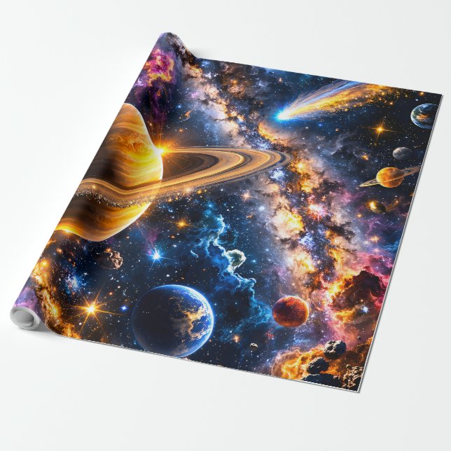 Cadeau Papier d'emballage premium nébuleuse et planètes d (Déroulé)