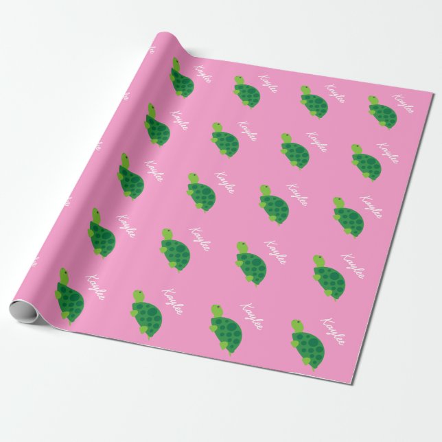 Cadeau Papier d'emballage rose avec petite tortue verte m (Déroulé)
