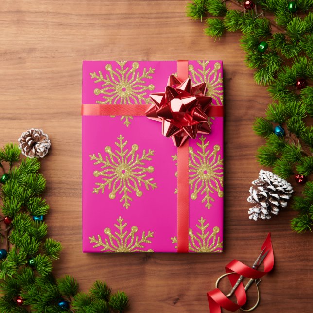 Cadeau Papier d'emballage rose chaud flocon de neige or (Cadeau de vacances)