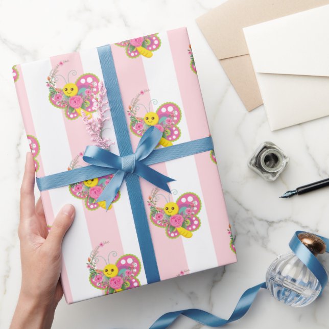 Cadeau Papier d'emballage rose et blanc rayé papillon  (Cadeaux)