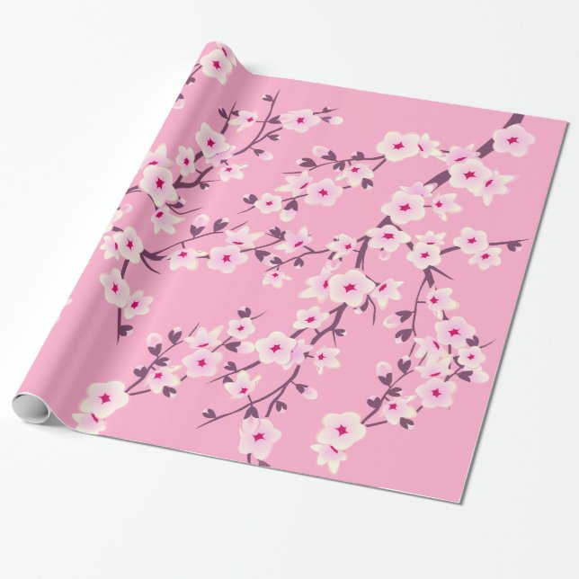 Cadeau Papier d'emballage rose fleurs de cerisier (Déroulé)