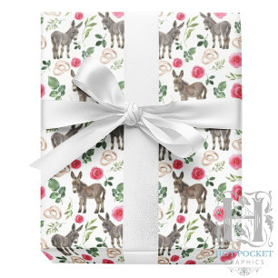 Cadeau Papier d'emballage rose floral Âne rustique