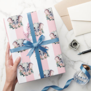 Cadeau Papier d'emballage Rose & Rayure Blanche Éléphant