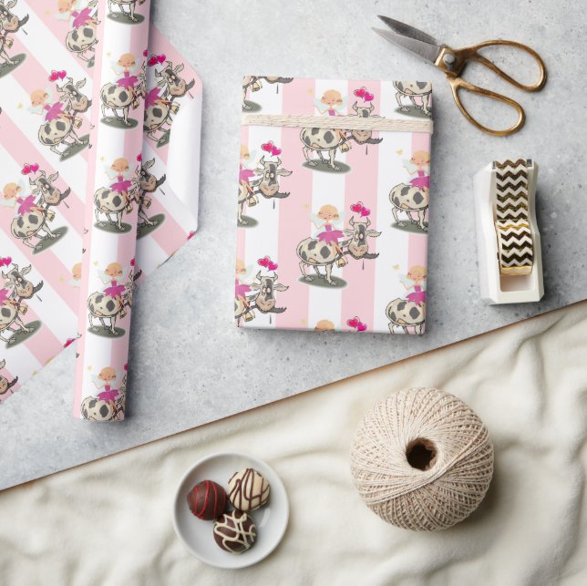 Cadeau Papier d'emballage Rose & Rayure Blanche Fée Vache (Artisanat)
