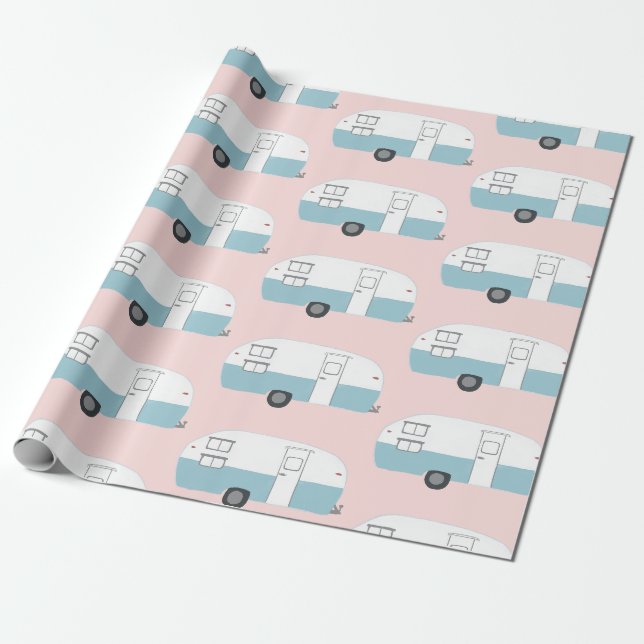Cadeau Papier d'emballage rose Retro Camper Trailer (Déroulé)