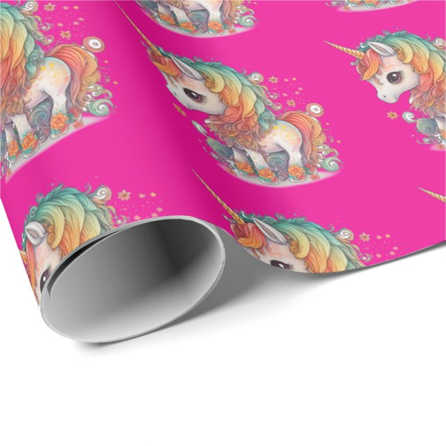 Cadeau Papier d'emballage rose Unicorne (Coin rond)