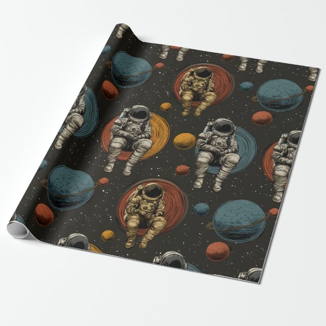 Cadeau Papier d'emballage Scène spatiale rétro astronauti (Déroulé)