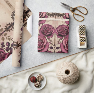 Cadeau Papier d'emballage Steampunk Roses et Engrenages d