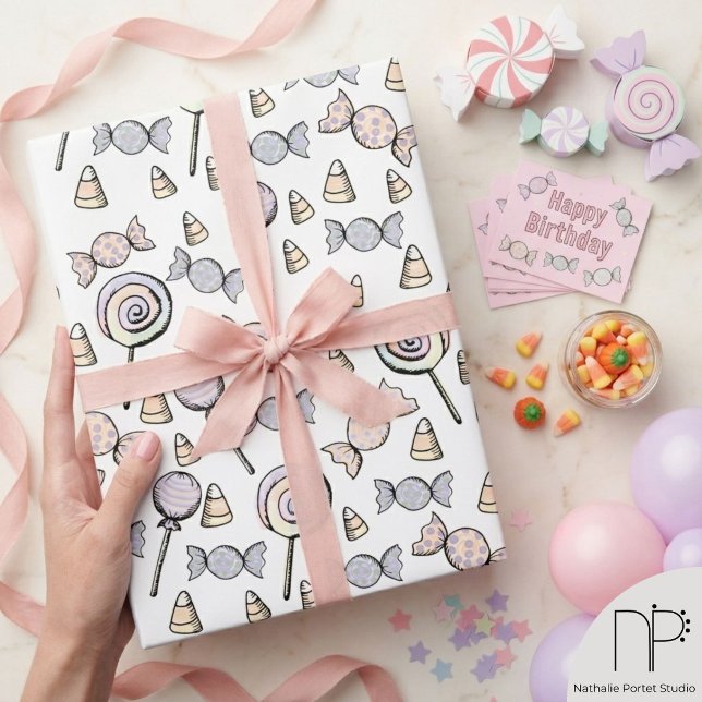 Cadeau Papier d'emballage Sweet Little One (Hand-drawn ink lollipop candy corn pastel wrapping paper for baby shower birthday gift custom wrap)
