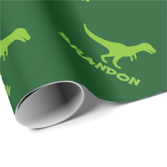 Cadeau Papier d'emballage T-rex dinosaure et nom d'enfant (Coin rond)