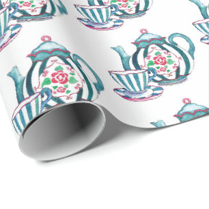 Cadeau Papier d'emballage - Théière rayée bleue, tasse et