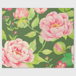 Cadeau Papier d'emballage vert de pivoine rose classique