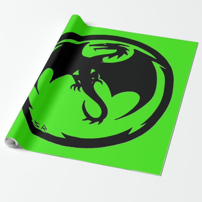Cadeau Papier d'emballage vert Dragon noir grand (Déroulé)