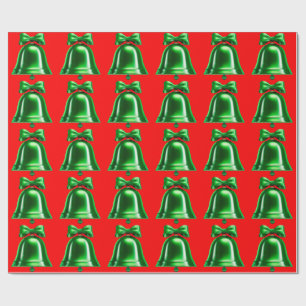 Cadeau Papier d'emballage vert et cloches rouges