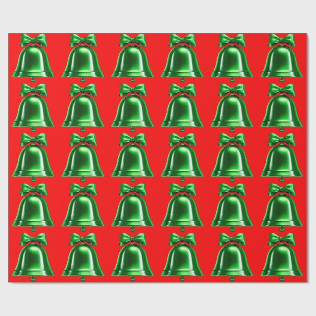 Cadeau Papier d'emballage vert et cloches rouges (Plat)