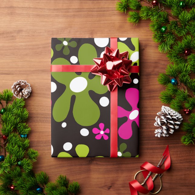 Cadeau Papier d'emballage vert et rose fleur funky (Cadeau de vacances)