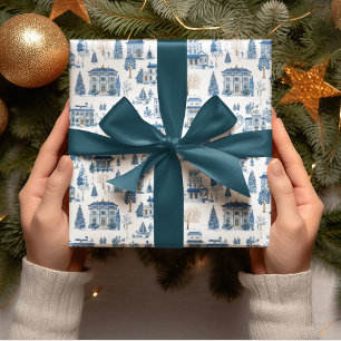 Cadeau Papier d'emballage Village de Noël bleu Chinoiseri