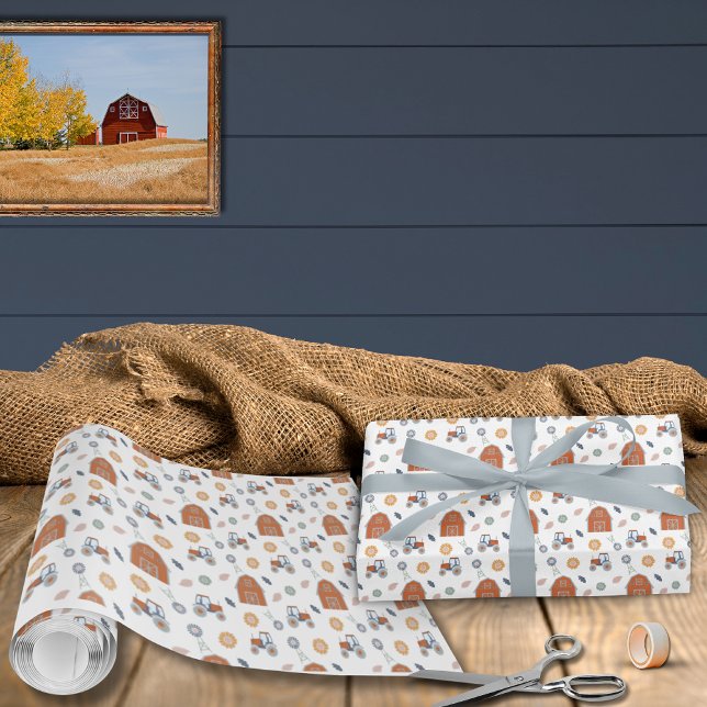 Cadeau Papier d'enlèvement d'anniversaire de ferme (Farm Animal Birthday Wrapping Paper Barn Tractor Pattern)