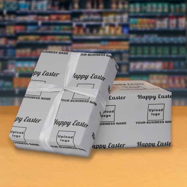 Cadeau Papier d'enlèvement de pâques gris (Gray wrapping paper with seamless pattern of Easter greeting, your business name and logo)