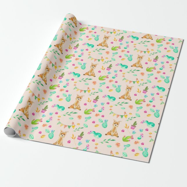 Cadeau Papier d'enrobage Motif Cute Llama et Cactus (Déroulé)
