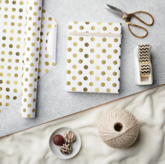 Cadeau Papier d'enveloppement à points Polka or et blanc