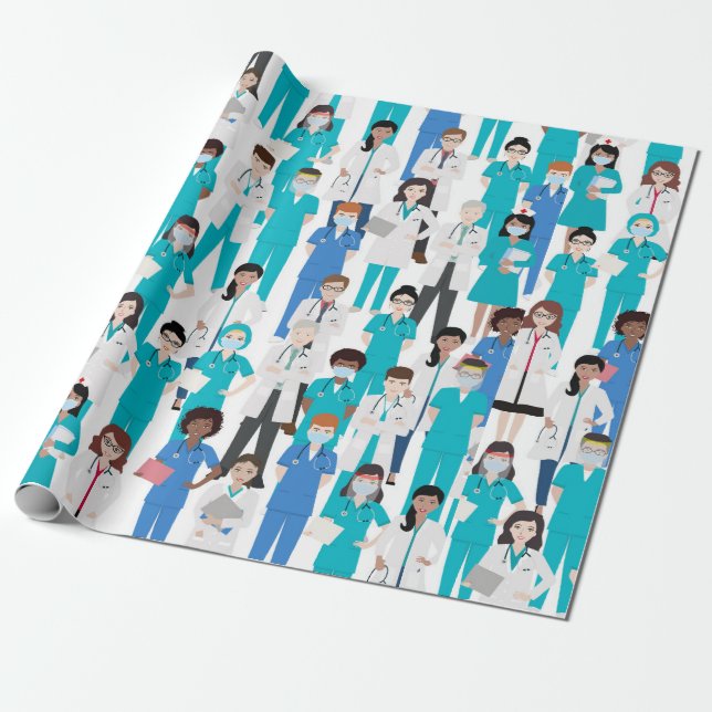 Cadeau Papier d'enveloppement blanc bleu Médicale personn (Déroulé)
