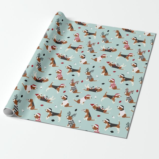 Cadeau Papier d'enveloppement bleu Beagle de Noël (Déroulé)