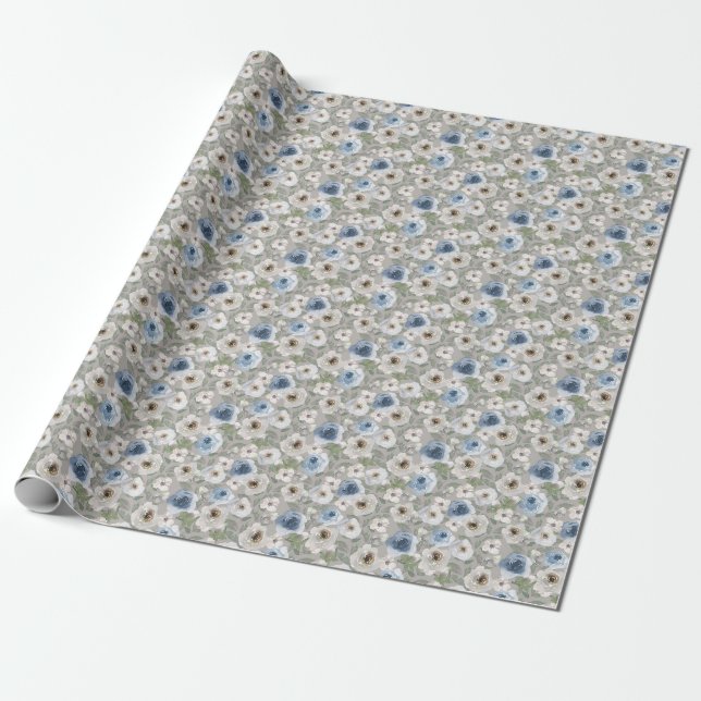 Cadeau Papier d'enveloppement bleu blanc Roses (Déroulé)