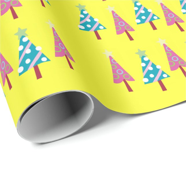 Cadeau Papier d'enveloppement bleu rose de Noël jaune (Coin rond)