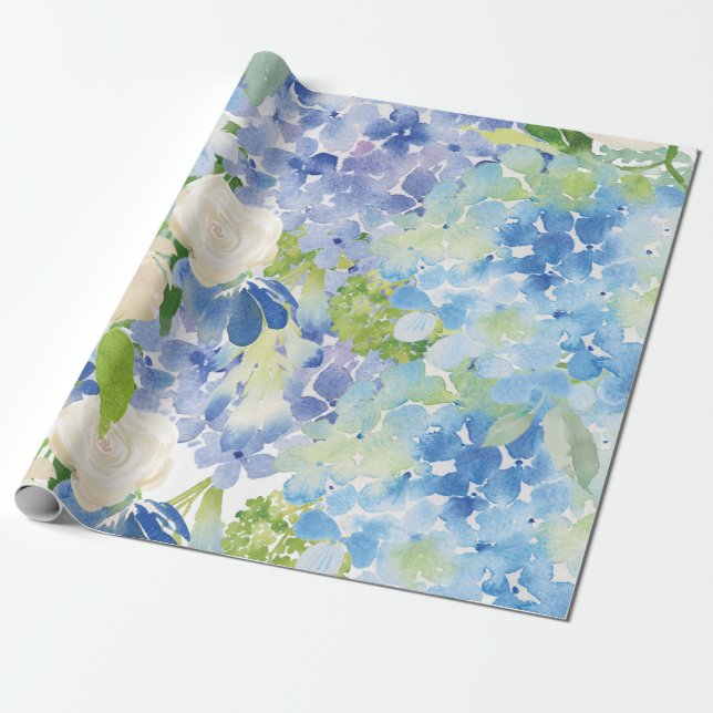 Cadeau Papier d'enveloppement bleu vert Hydrangea (Déroulé)