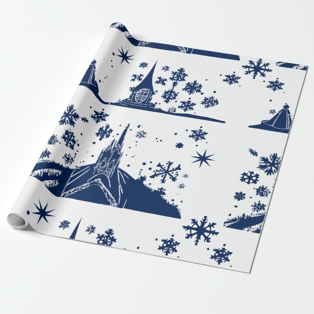 Cadeau Papier d'enveloppement Château de Noël bleu sur bl (Déroulé)
