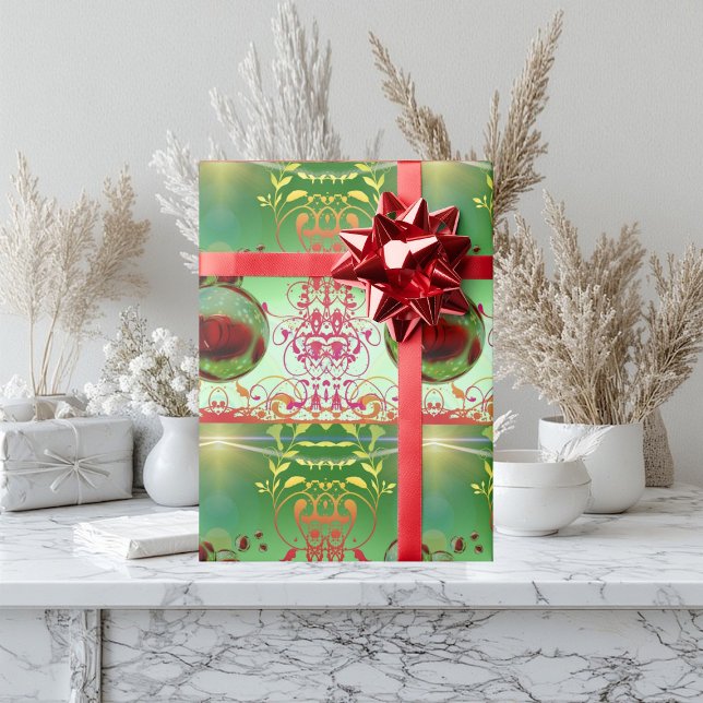 Cadeau Papier d'enveloppement coloré avec coeur (Green Abstract Art Romantic Hearts Floral Festive Wrapping Paper)