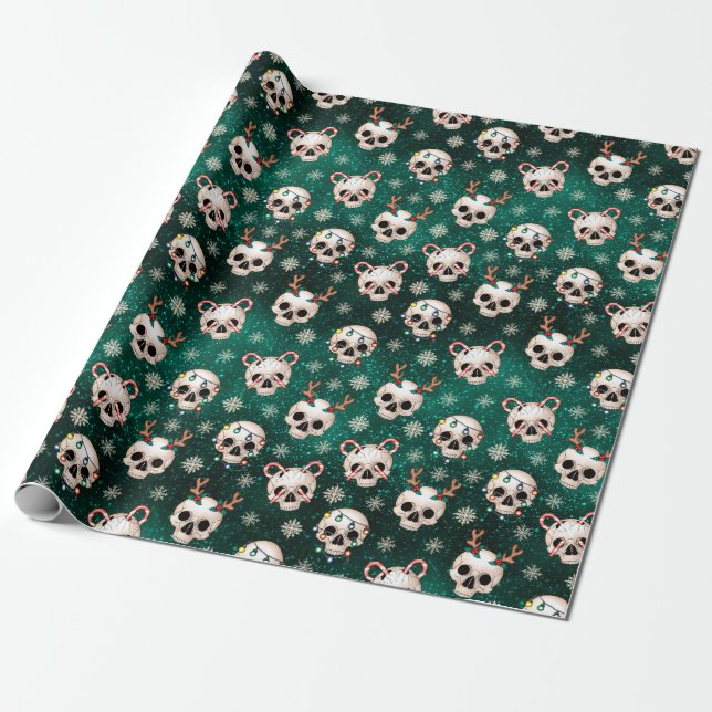 Cadeau Papier d'enveloppement crâne de Noël de Goth Vert (Déroulé)