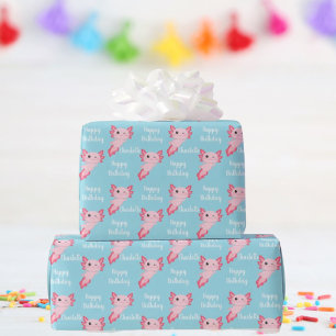 Cadeau Papier d'enveloppement d'anniversaire Axolotl rose