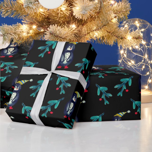 Cadeau Papier d'enveloppement d'aquarelle de Noël Pingoui (Vacances)
