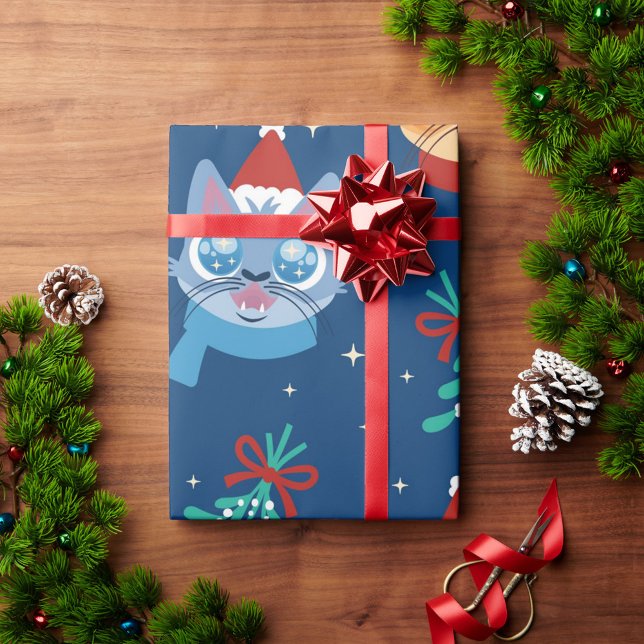 Cadeau Papier d'enveloppement de chats de Noël (The cats are in shades of blue and orange, with one wearing a red Santa hat!)