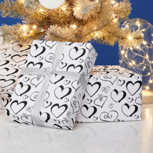 Cadeau Papier d'enveloppement de coeur noir et blanc