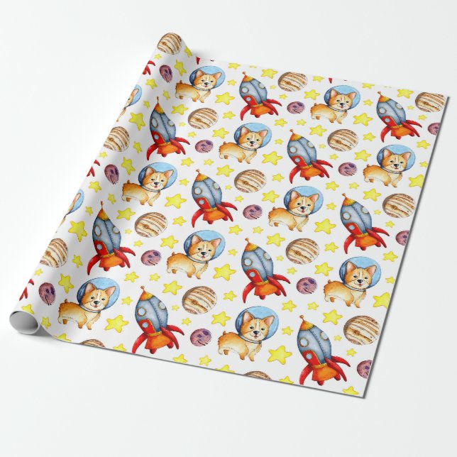 Cadeau Papier d'enveloppement de Corgi mou de l'espace (Déroulé)