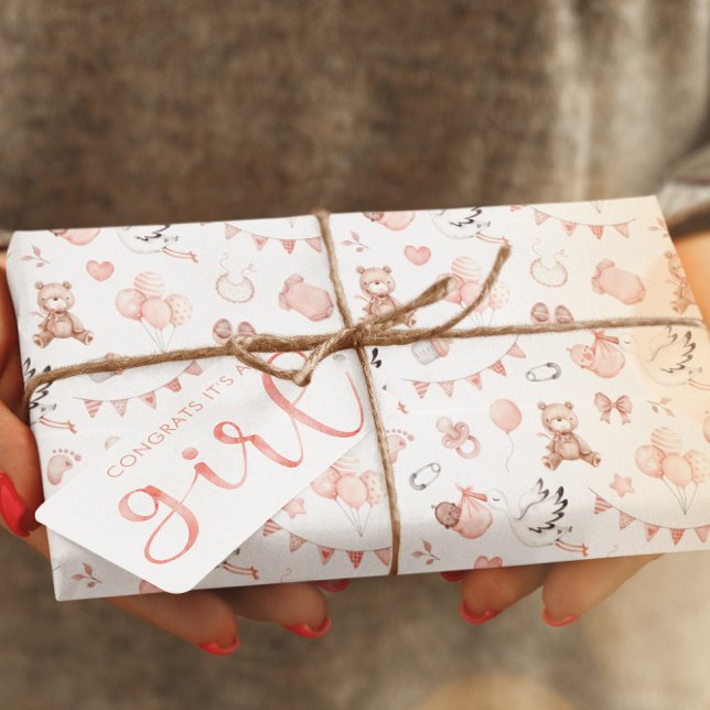 Cadeau Papier d'enveloppement de douche pour bébé (Celebrate a new baby girl with this adorable watercolor bear and stork wrapping paper! )
