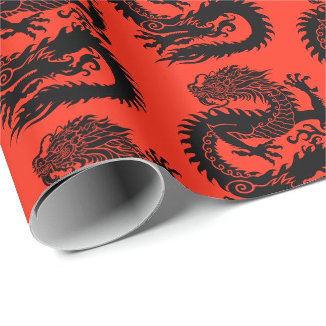 Cadeau Papier d'enveloppement de dragon chinois tradition (Coin rond)