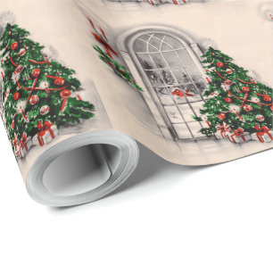 Cadeau Papier d'enveloppement de fenêtre de Noël Vintage
