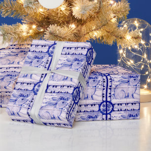 Cadeau Papier d'enveloppement de lapin de Noël bleu et bl