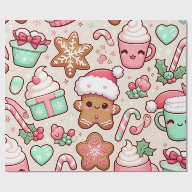 Cadeau Papier d'enveloppement de Noël Cute Kawaii | Pain  (Plat)
