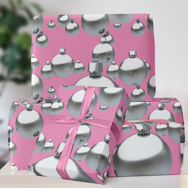 Cadeau Papier d'enveloppement de Noël en argent rose (A bold pink and silver Christmas Ornament pattern gift wrap just for you)