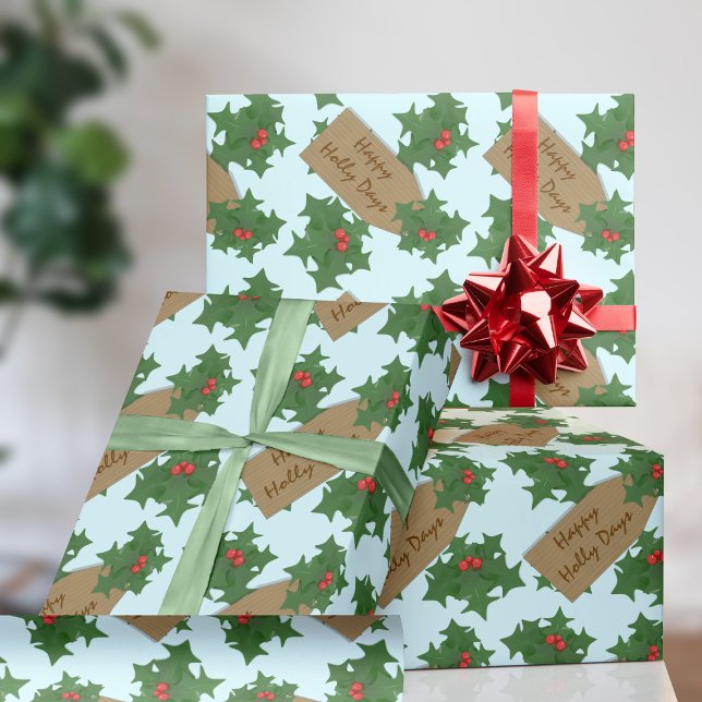 Cadeau Papier d'enveloppement de Noël Holly Berries (Happy Holidays and happy holly days. You can change the text on this Christmas wrapping paper)