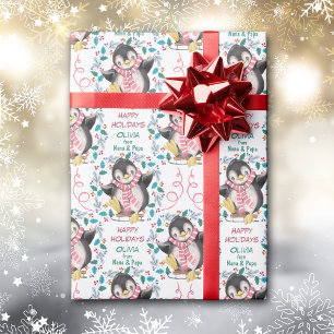 Cadeau Papier d'enveloppement de Noël Pingouin rose