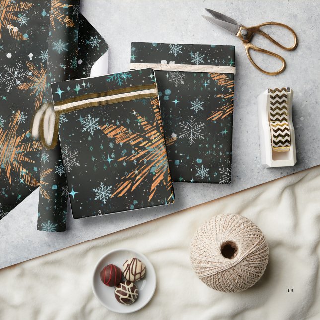 Cadeau Papier d'enveloppement de Noël Turquoise or (Gold Teal Snowflake Christmas Wrapping paper)