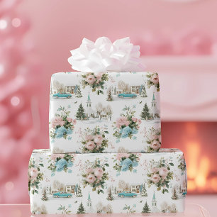 Cadeau Papier d'enveloppement de Noël vintage bleu floral
