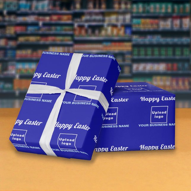 Cadeau Papier d'enveloppement de Pâques bleu (Blue wrapping paper with seamless pattern of Easter greeting, your business name and logo)
