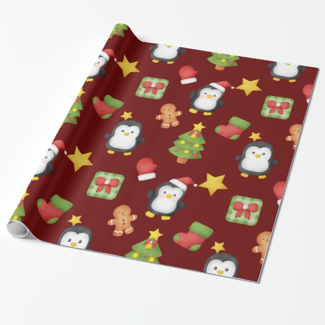 Cadeau Papier d'enveloppement de pingouins d'aquarelle mi (Déroulé)